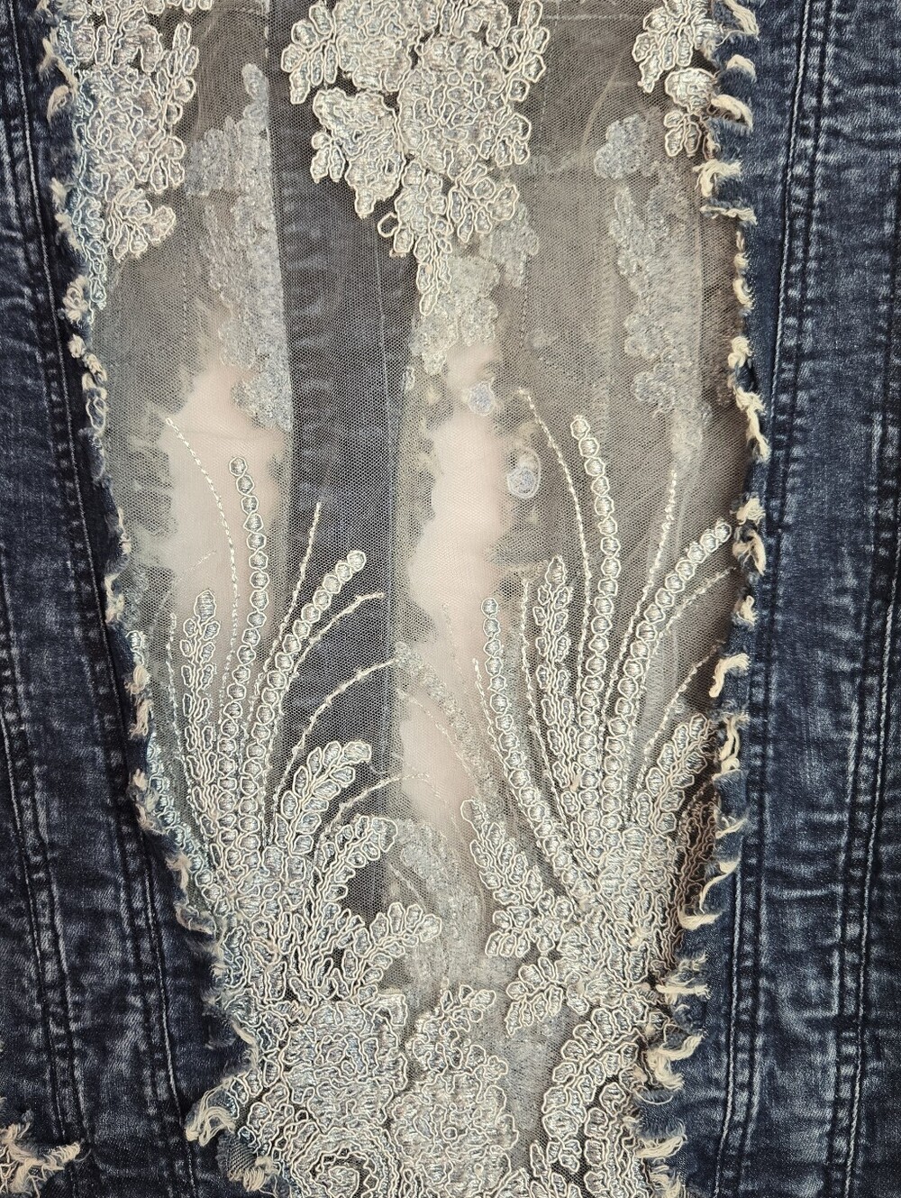 John Mark Women Size S Denim & Lace Cutout Button front Jacket, Patch Pockets - Picture 11 of 13